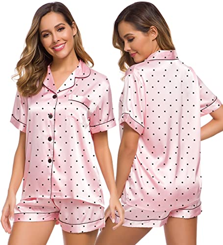Image of SWOMOG Womens Silk Satin Pajamas Set Short Sleeve Sleepwear Button Down Top and Shorts Loungewear 2 Piece Pjs Set XS-3XL