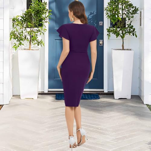 Image of shengfan Women's Sexy Deep V Neck Short Sleeve Ruched Waist Bodycon Wrap Cocktail Midi Dress