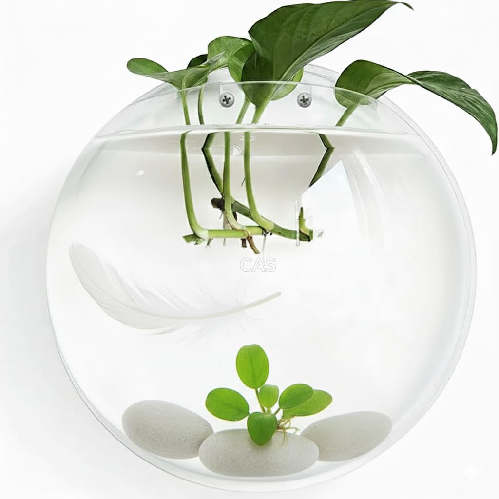 CAS (9 INCHES Large Size 3 litres) White Wall Mount/Wall Hanging Fish Bowl (NO Plastic) 100% Durable Long Lasting Acrylic (not Glass,) Rust and Weather Resistant with 'Free Colour Pebblestone'