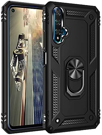 Phone Case for Huawei Nova 5T, Black 360 Metal Ring Holder for Huawei Nova 5T Case Shockproof Heavy Duty Rugged Armor Cover Anti-Fingerprint Anti-Slip Black