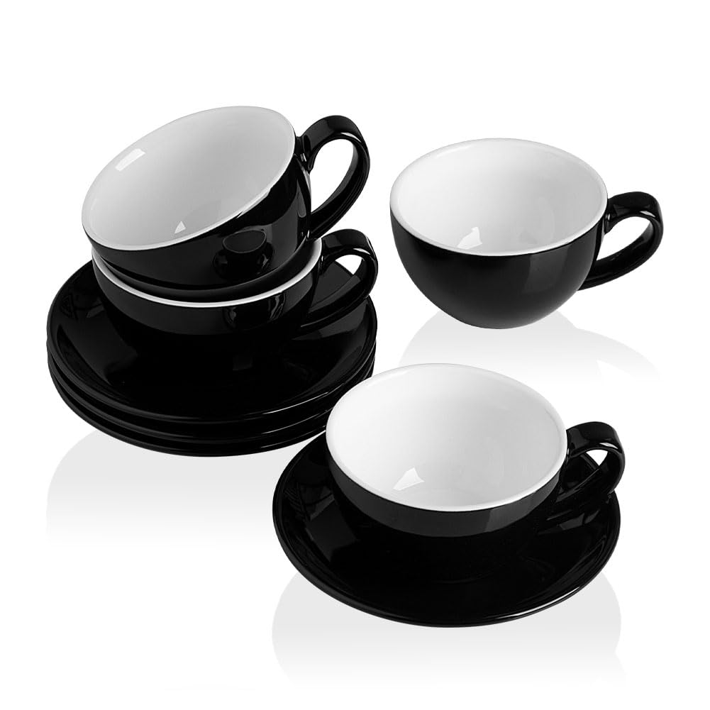 Sweejar HomeCeramic Cappuccino Cups Set,250ml Espresso Cups, Porcelain Cup & Saucer Set, Tea Cup Set for Specialty Coffee Drinks, Latte, Americano, Set of 4 (Black)