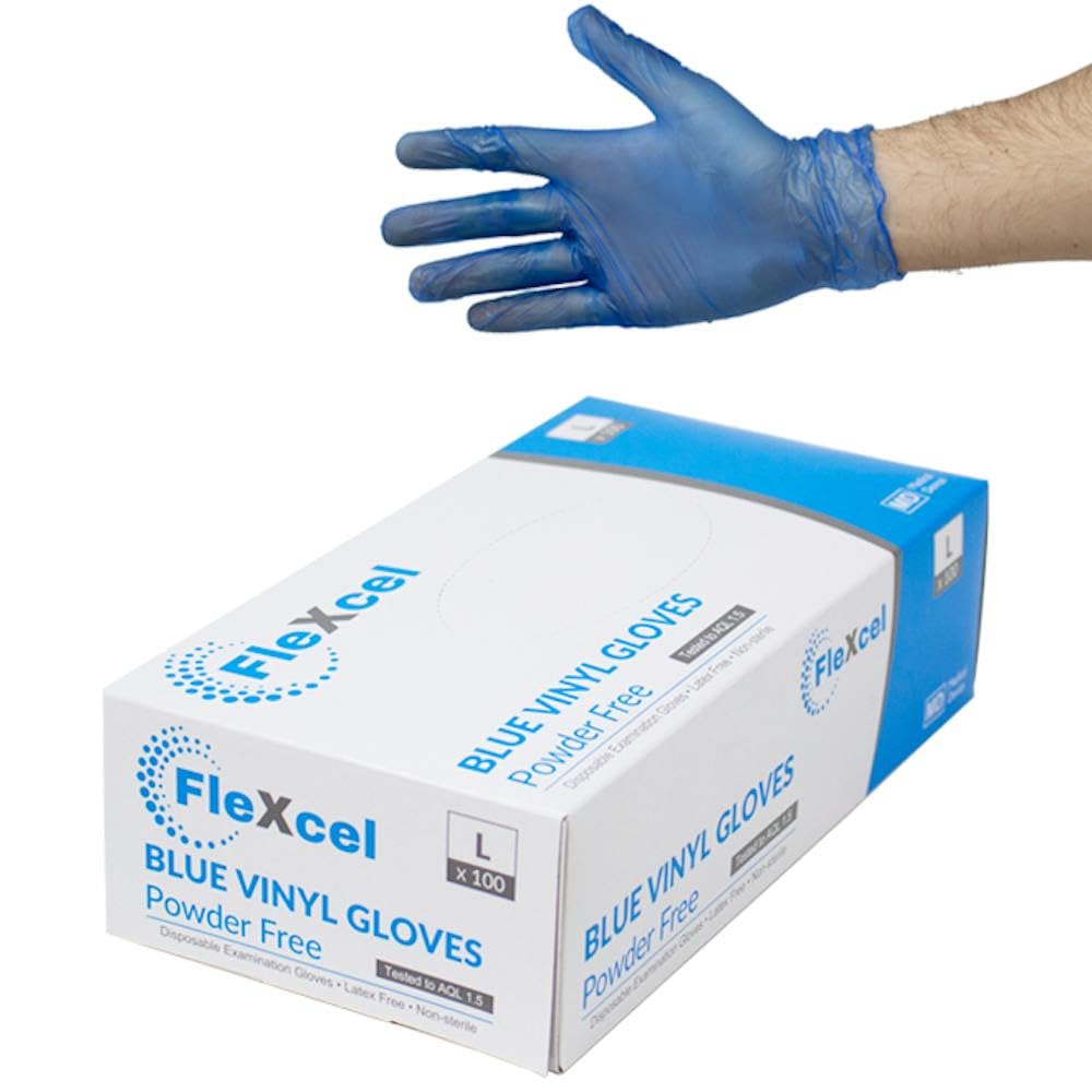 FleXcel Blue Medium Disposable Vinyl Gloves – Box of 100 – Powder Free Latex Free Medical Grade Examination Gloves AQL 1.5 – Non-Sterile Food Safe Disposable Glove for Kitchen Prep & Handling