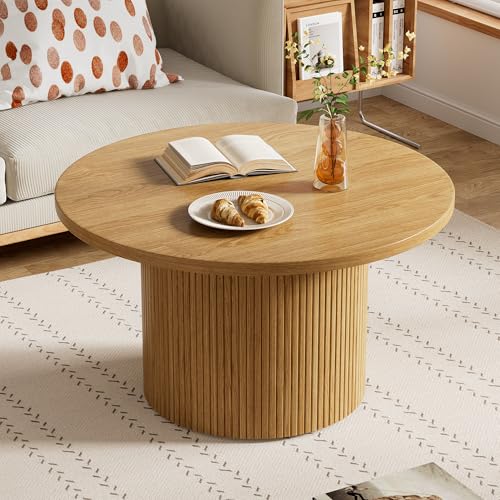 Image of Furniway Round Coffee Table, 35.4 inch Circle Wide Coffee Table, Wood Table and Center Table for Living Room, Natural