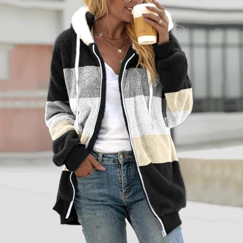 Fuzzy Fleece Jackets for Women Plus Size Hoodies Fall Winter Coats Color Block Patchwork Cardigan Coat with Pockets