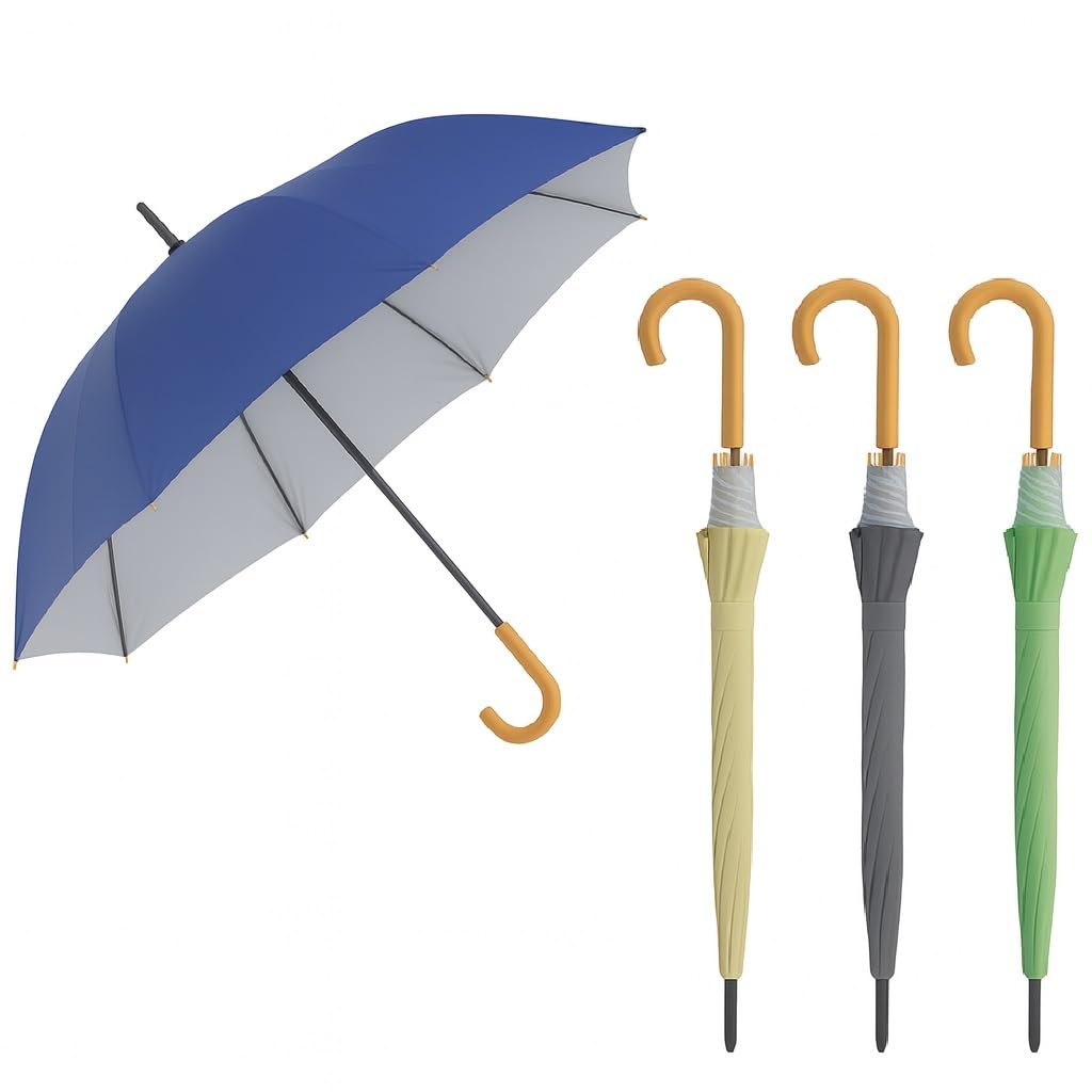 DANYX Kit 4 Ombrelli Duplex Antivento Pioggia e Sole – Apertura Automatica, 8 Stecche in Fibra di Vetro, Manico Curvo Effetto Legno, Fusto in Metallo, Diametro 112 cm, Colori Assortiti