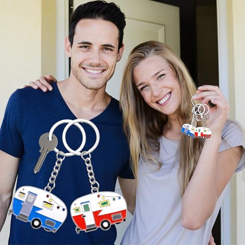 Image of Thinp 2 Pieces Camper Keychain, RV Camper Keyring Accessories for Travel Trailers Enameled Metal Retro Camping Car Keychain