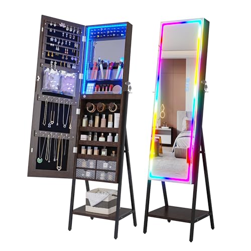HNEBC LED Light Jewelry Organizer Mirror 360° Rotating, Jewelry Armoire with Door Mirror, Full Length Mirror Jewelry Cabinet, Mirror with Jewelry Storage, Large Jewelry Boxes & Organizers（B_