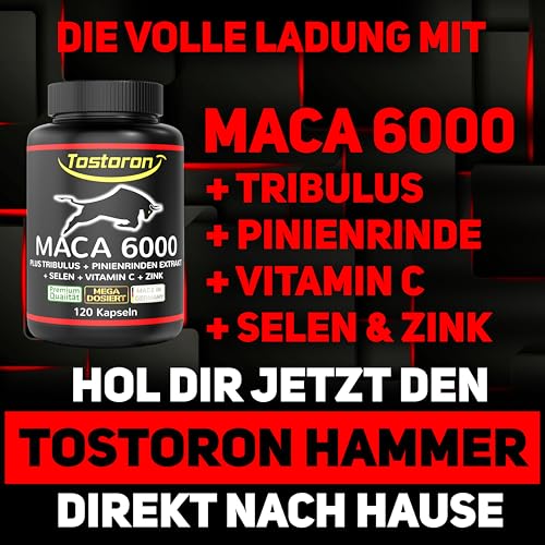 MACA Kapseln hochdosiert + extra stark - 120 Kapseln, Maca Pulver Extrakt, Tribulus terrestris, Pinienrinde, natürliches Vitamin C, Selen, Zink trägt zum Erhalt eines normalen TESTOSTERON SPIEGELS bei