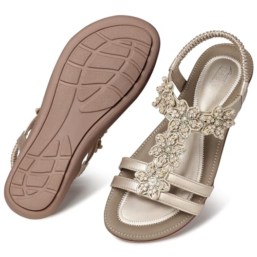 Image of SHIBEVER Dressy Flat Women Sandals: Comfortable Arch Support Womens Sandal | Summer Dress Flowers Boho Back Strap Open Toe Women's Sandals - All Day Comfort Walking Casual Wedding Woman Sandal Shoes