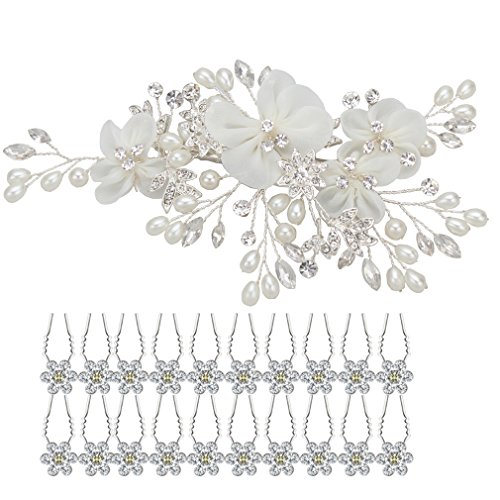 ANBALA Bridal Flower Side Hair Clips, Crystal Rhinestones Pearls Women Wedding Hair Clips with 20 Pcs Crystal Hair Pins Headpiece for Brides, 21 Pcs in Total