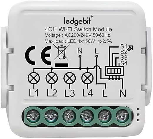 Ledgebit LT-4CH Wi-Fi Smart Switch – 10A, Smart Life App Control, Remote Control with Alexa &amp; Google Home, 4-Gang Breaker ...