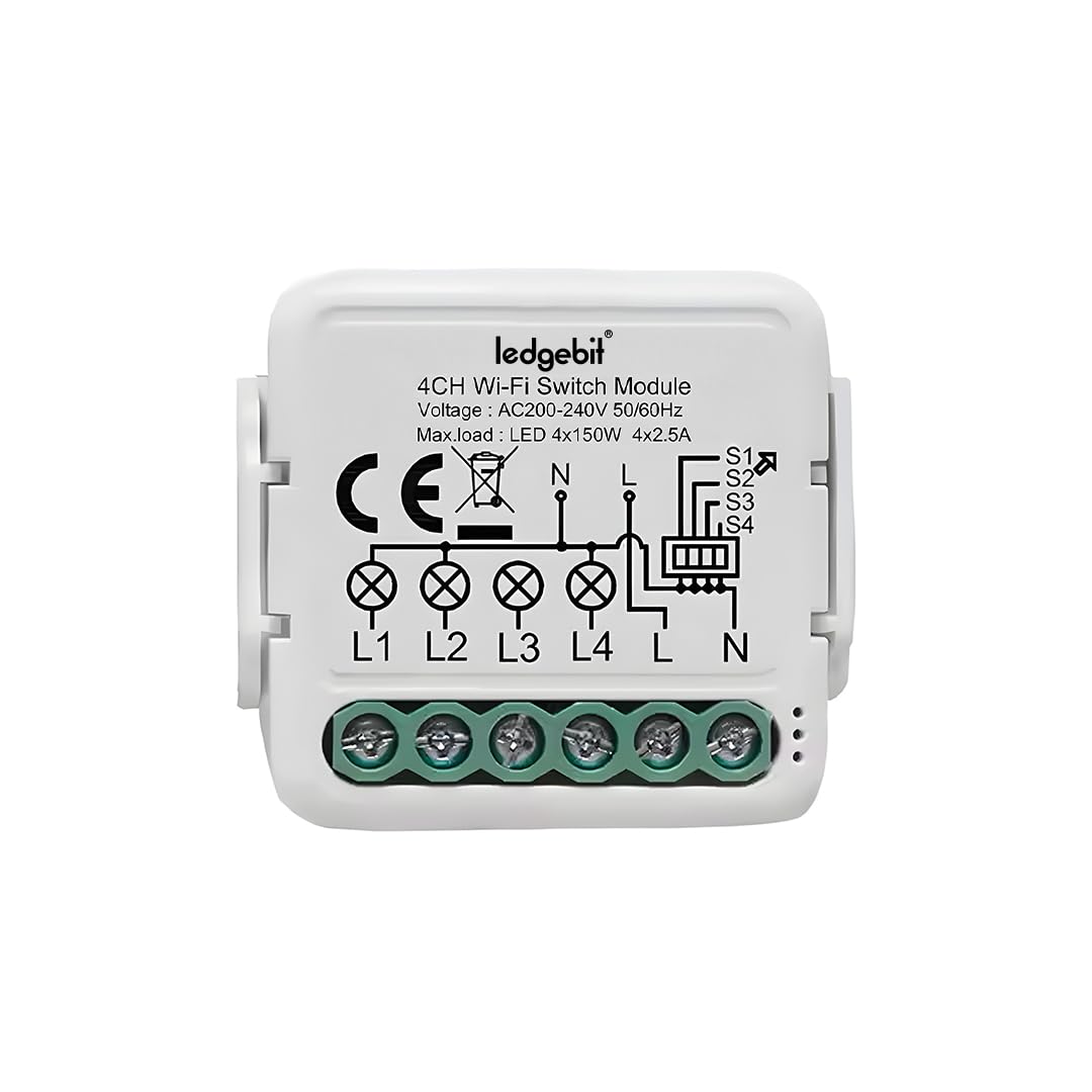 Ledgebit LT-4CH Wi-Fi Smart Switch – 10A, Smart Life App Control, Remote Control with Alexa & Google Home, 4-Gang Breaker Module