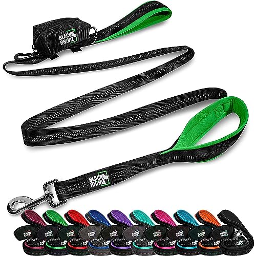 Black Rhino 6 ft Long Heavy Duty Dog Leash with Traffic Handle for Medium and Large Dogs - Padded Neoprene Dual Handles, Bag and Clip - Reflective, Durable, and Weather Resistant - Green