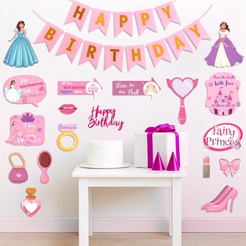 Image of Party Propz Princess Theme Birthday Decoration Items for Girls - 18 Pcs Happy Birthday Banner with Princess Photo Booth Props, Pink Theme Decoration for Kids