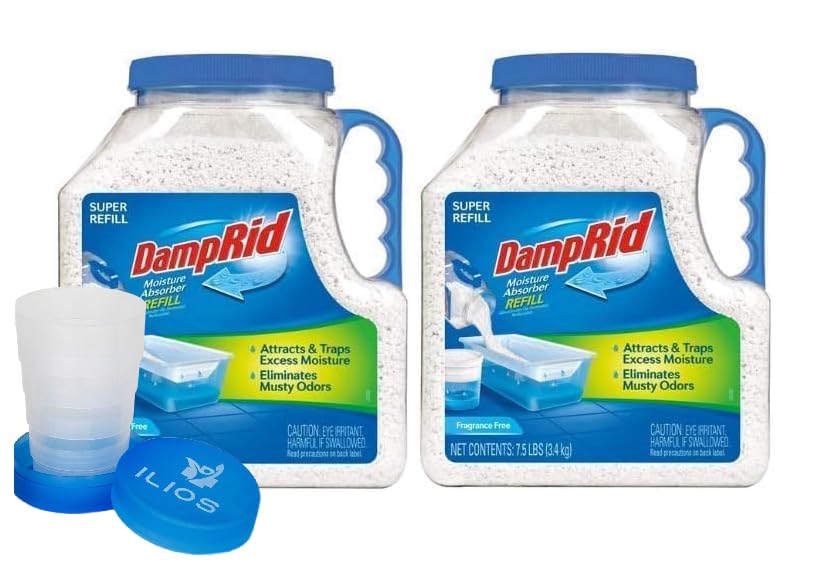 DampRid Moisture Absorber Refill Container 7.5 lb Fragrance Free Odor and Moisture Absorber for Basements Closets & Storage Spaces High-Capacity Humidity Control 2 Pack Ilios Packaging
