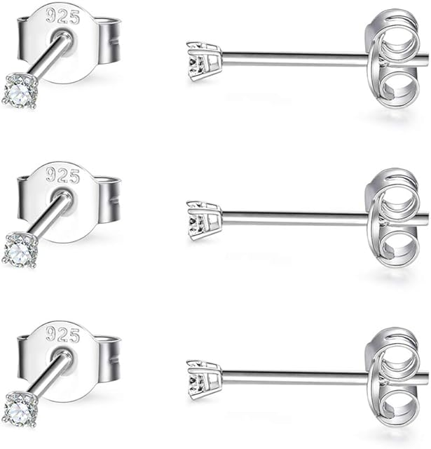 CERSLIMO 3 Pairs Sterling Silver Stud Earrings for Women Men Girls 2mm Tiny Round Cubic Zirconia Stud Earrings Pearl Earrings Ball Earrings Set Cartilage Small Tragus Earrings for Sensitive Ears