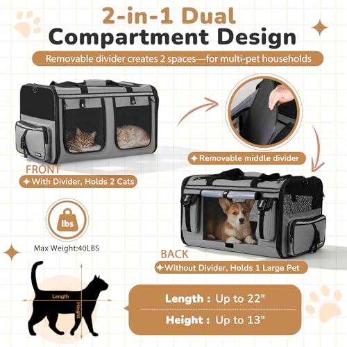 Expandable Extra Large Cat Carrier for 2 Cats, Double Cat Travel Carrier Bag with Litter Box, Foldable Breathable Soft Sided Pet Dog Carrier with Divider for Car Travel, Outdoor & Vet Visit - Image 2