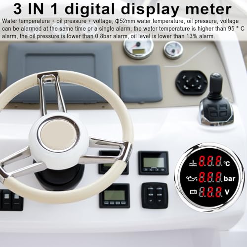 Geloo 52 mm 3-in-1 Voltmeter + Wassertemperatur Temperaturanzeige + Öldruckanzeige, Wasserdichter Edelstahl Stressrahmen, Ölkraftstoff Füllstandsanzeige mit Alarm für Auto, Boot, Marine, Yacht 9-32V