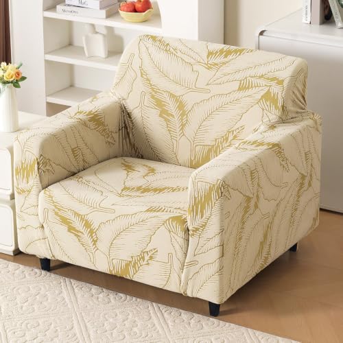 Image of HOKIPO Leaf & Loom Stretch Sofa Cover 1 Seater, Golden Beige