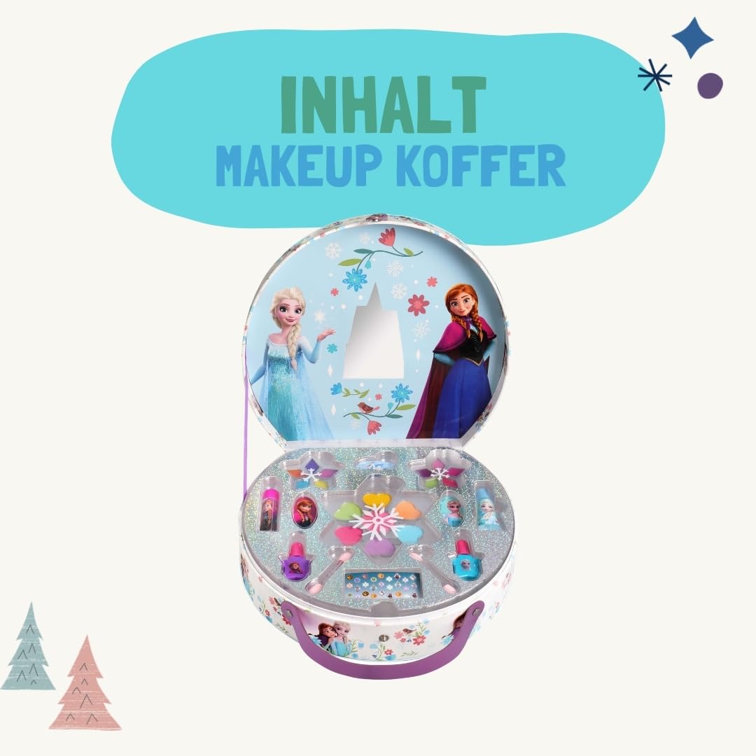 Disney Frozen Runder Make-up Koffer | Kinder Schminkkoffer mit Lipgloss, Lidschatten, Nagellack & Spiegel – Komplettes Beauty-Set im Glitzerkoffer