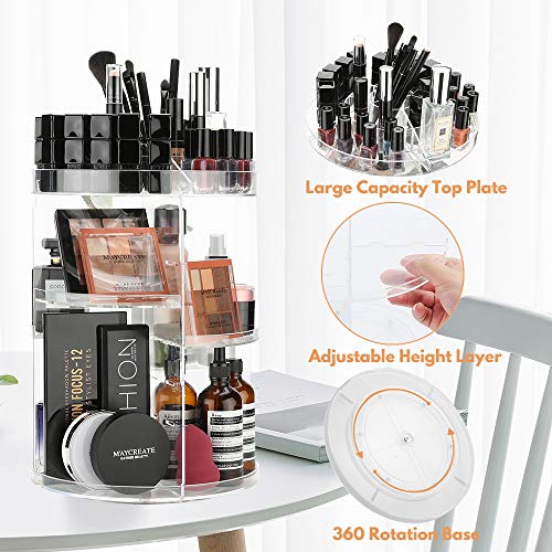 LINFIDITE 360 Rotating Makeup Organizer Cosmetic Storage Spining Makeup Holder Box Display Stand Adjustable Tray for Vanity Bathroom Bedroom Closet Large Acrylic Clear