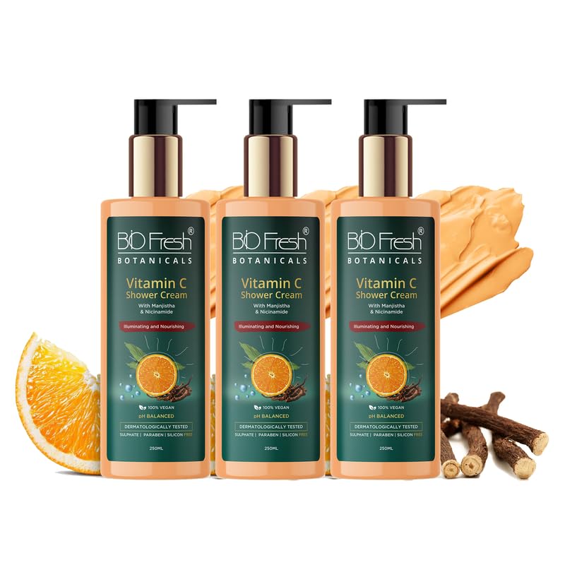 Image of BIOFRESH BOTANICALS Vitamin-C Shower Cream 250ml - Hydrating Body Wash for Radiant Skin with Manjistha & Niacinamide Deep Moisturizing Skin Brightening Collagen Winter Care for Dry Skin (Pack of 3)