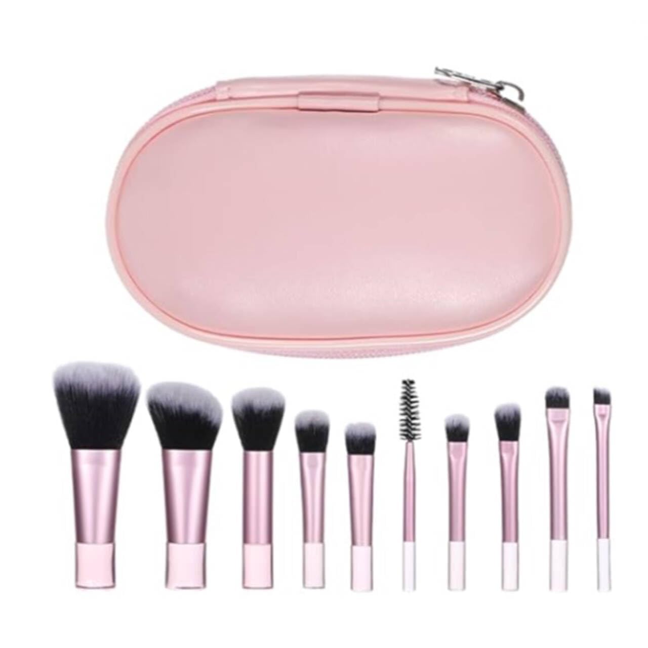 10 Pcs Mini Travel Makeup Brush Set in Pink - Portable Cosmetic Brush Kit with Pouch for Blush, Powder & Eye Shadow, Professional Travel Essentials for Women and Girls
