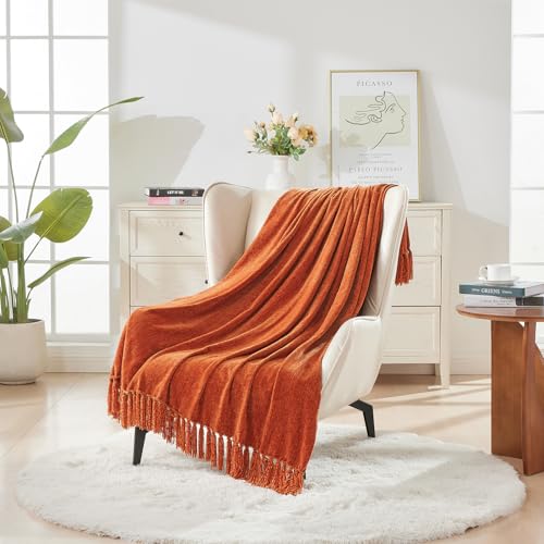 CozeCube Chenille Throw Blanket for Couch, Cozy Plush Fuzzy Decorative Rust Orange Blanket with Fringe Tassels, Lightweight Throws for Bed Sofa Gift Home Decor, 50"X60"
