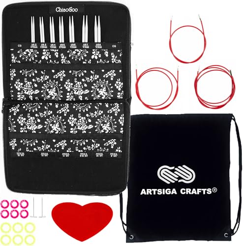 ChiaoGoo Twist Red Lace 5-Inch Small 7500-S Interchangeable Circular Knitting Needle Set, Sizes US 2, 3, 4, 5, 6, 7, 8, Stainless Steel with 3 Cords with Project Bag