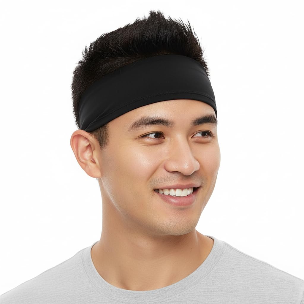 Premium Cotton Strapless Headband for Men & Women – Anti-Slip Sports Sweatband for Gym, Tennis, Badminton & Other Sports Unisex Hair Band for Long Hair – Black-image-13