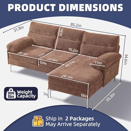 Image of Ihanherry Convertible Sectional Sofa, 85' 3 Seat L-Shaped Modern Chenille Fabric Modular Sofa, Reversible Wide Chaise & Fluffy Armrests, Grey