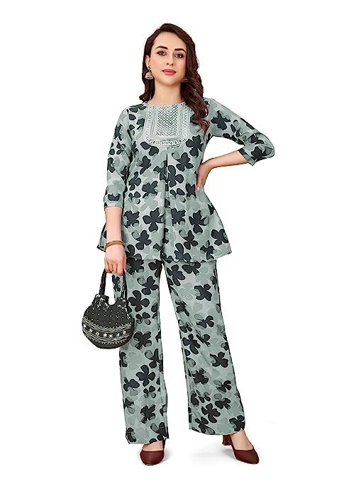 GenericWomen's Print Co-Ord Set Two Piece Suit Peplum Top & Plazzo Casual Wear Fashionable for Party (M, Green)