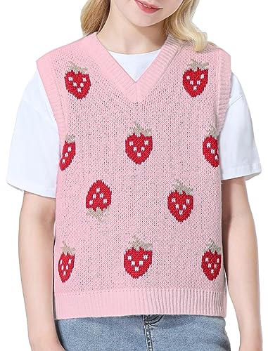 Mebius Girl's Cute Preppy Sweater Vest Sleeveless V Neck Knit Casual School Plaid Checkered Strawberry Cropped Top