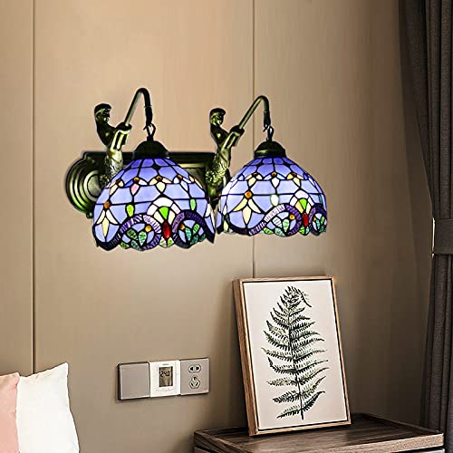 Image of Wall Sconce Vintage Style Stained Glass Bowl Wall Fixtures 2-Light Wall Light in Antique Brass with Mermaid for Bedroom Hallway Stairway Balcony