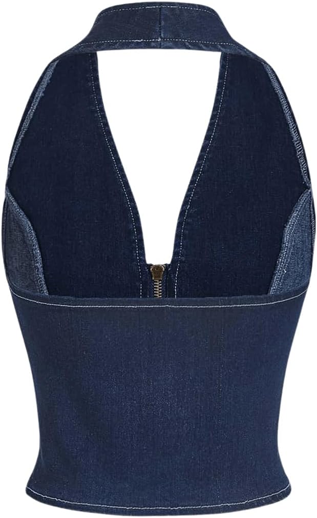 Floerns Women's Y2k Denim Halter Tops Backless Sleeveless Zipper Club Jean Crop Top - Image 3