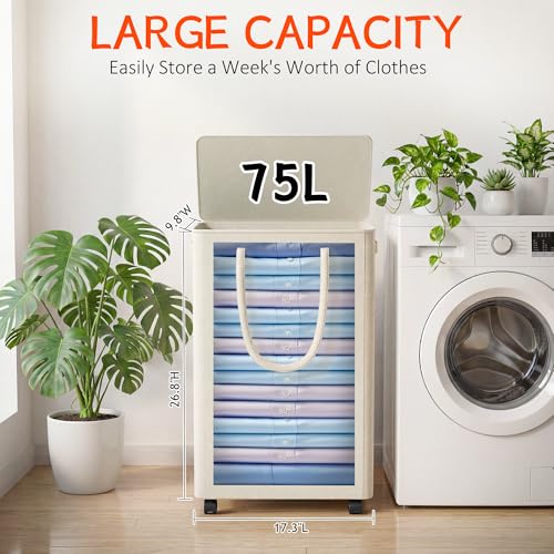 Image of Slim Laundry Hamper with Wheels,20 Gal (75L) Rolling Laundry Basket with lid and wheels Clothes Hamper Foldable Tall Dirty Clothes Basket Sturdy Collapsible Clothes Hamper for Dorm,Laundry Room