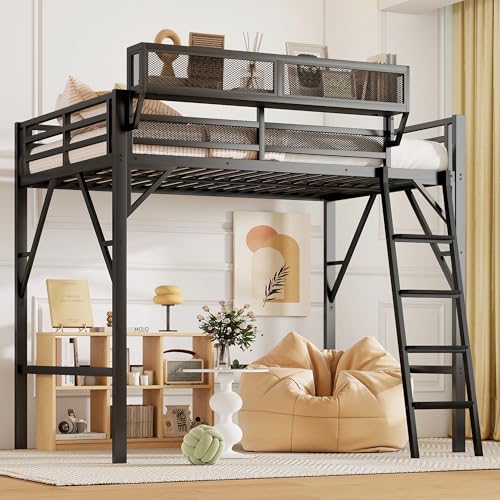Mirightone Full Size loft Bed with A Long Shelf, Metal Loft Beds with Wide Ladder Rungs, Heavy-Duty Tall Loft Bed Frame for Kids Boys Girls Teens Adults, Noise-Free,No Box Spring Needed, Black