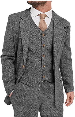 Men's Suit 3 Piece Tweed Wool Classic Elegant Slim Fit Prom Wedding Grooms Jacket+Vest+Pant3