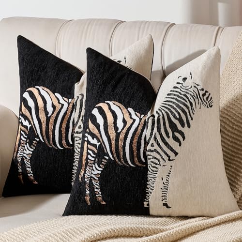 AmHoo Set of 2 Throw Pillow Covers Zebra Chenille Patchwork Decorative Pillows Cover Pillowcase for Sofa Couch Bed 18 x 18-Inch Black