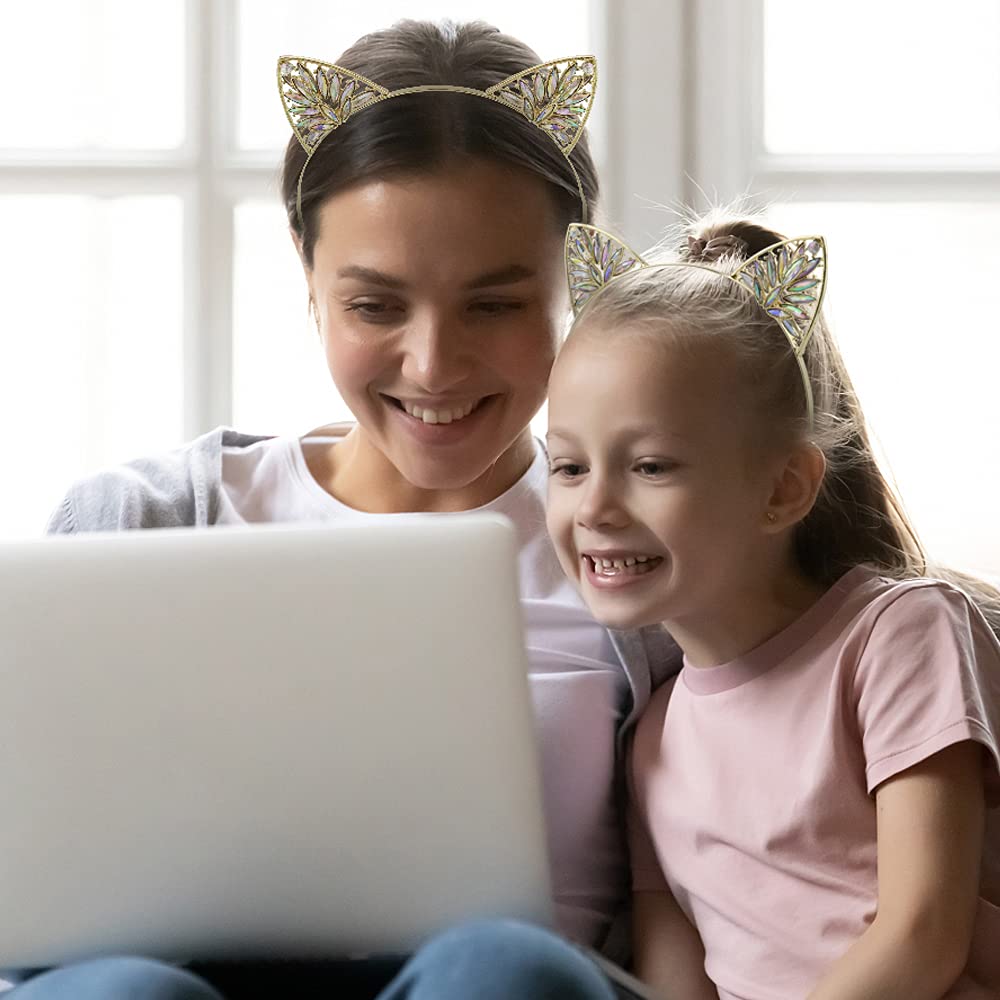 NODG 3 Pieces Crystal Cat Ears Headbands Rhinestone Cat Ear Tiaras for Women Gold Hair Hoop Women Girls Kids Party Decoration Headdress Cosplay Costume Head wear - Image 3