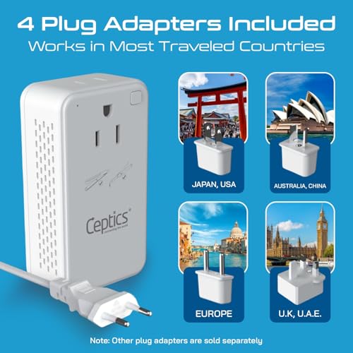Image of Ceptics 200W Step Down Voltage Converter - 220v to 110v Voltage Converter for Curling Iron, Straightener, Charger - USB-A & C Fast Charging - Type C Power Cord with A, G, I, E /F Plugs Included