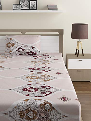 Image of Swayam Pure Cotton Single Bedsheet with 1 Pillow Covers | Size 60 x 90 inch | 160 TC | Ethnic Motifs Design | Soft Breathable Bed Sheet | Comfortable & Durable for Bedroom - Beige