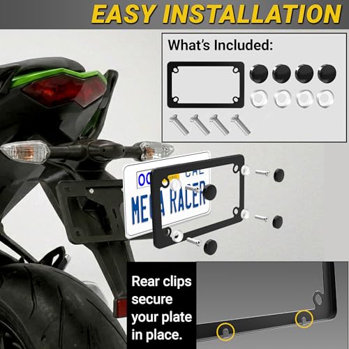 Image of Premium Motorcycle Matte Black License Plate Frame, Rust-Free Stainless Steel, Rattle-Free Thin Metal & Street Legal, Universal Fit Tag Holder for Harley Davidson, Bike, Scooter, Porta Placa Para Moto