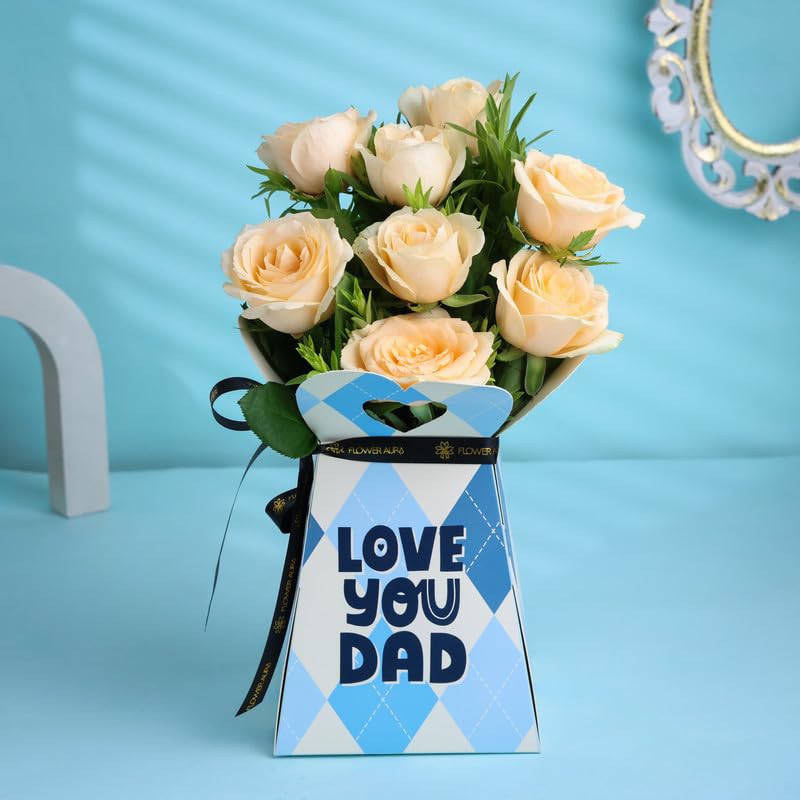 FlowerAura Premium Fresh Live Flower Bouquet of 8 Peach Roses In Box For Birthday Gift & Father's Day Gift For Dad | Papa | Father-In-Law | Grandfather | Daddy | Appa | Baba (Same Day Delivery)-image-16