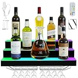LED Lighted Liquor Bottle Display Shelf Wall Mount Wine Rack, 3 Tiers 24 Inch Bar Bottle Display Shelf with Glass Holder Remote and App Control for Home Bar Party Whiskey Coffee Bottles Display