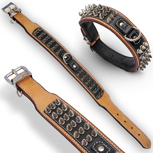 MICHUR Strike NO. 1 Hundehalsband Leder, Halsband, Lederhalsband Hund, Nieten, Halsband Leder MIT Nieten, BEIGE SCHWARZ BREIT, in verschiedenen Größen erhältlich