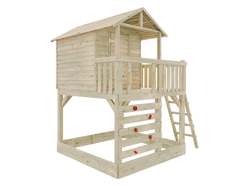 Stelzenhaus Noah Braun Grün, Kesseldruckimprägniertes Kiefernholz Stelzenhaus mit Sandkasten, Veranda, Kletterwand und Leiter, Spielhaus für Kinder Garten, 201 x 216 x 300 cm