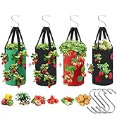 4 Pcs Upside Down Strawberry Planter- 4 Hooks 3 Gallon Hanging Strawberry Planter Hanging Aeratio...