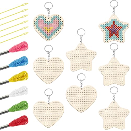 GLOBLELAND 8 peças de kits de ponto cruz de madeira Love Star, chaveiros de costura de cruz, kit de