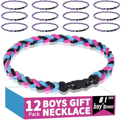 Dixlp 12 Pack Baseball Necklaces for Boys & Youth - 18 Inch Braided Titanium Sports Rope Necklace - Design for Team Party Favors End of Season Gifts & Goodie Bags (Pink-Light blue-Black 18 inch)
